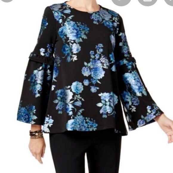 Alfani Floral Blues on Navy Top w/Bell Sleeves NWT - Picture 2 of 9